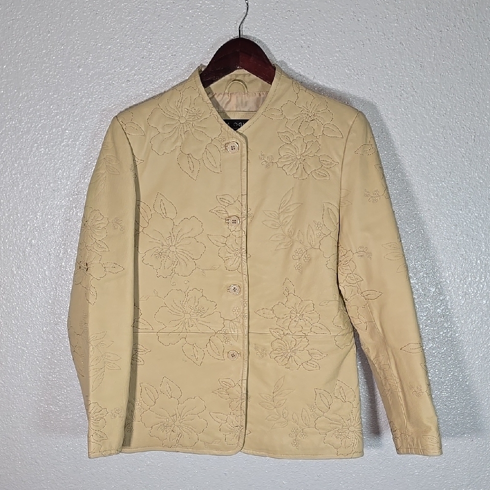 Dialogue Elegant Floral Embroidered Tan Leather Jacket